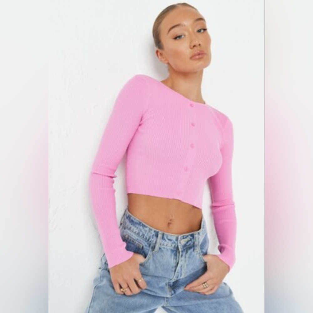Missguided - Pink Rib Button Through Long Sleeve Knit Top - Large